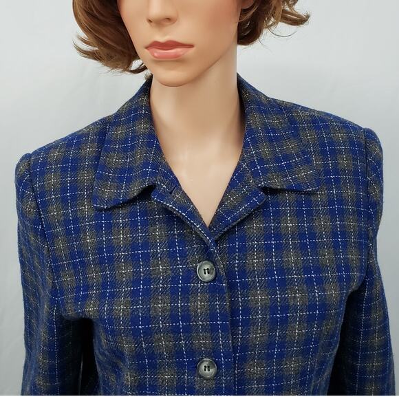 Vintage Joan Leslie Wool Blazer Jacket Blue Gray Plaid Lined Petite 12P / M - Picture 8 of 11